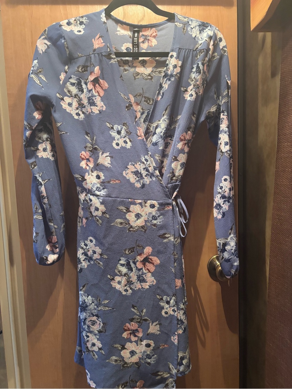 Design Lab Lord & Taylor Dusty Blue Floral Wrap Dress